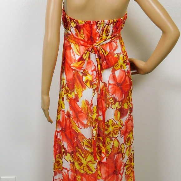 Juniors Strapless Maxi Chiffon Floral Dress Coral Size M Beach Long - Picture 6 of 8
